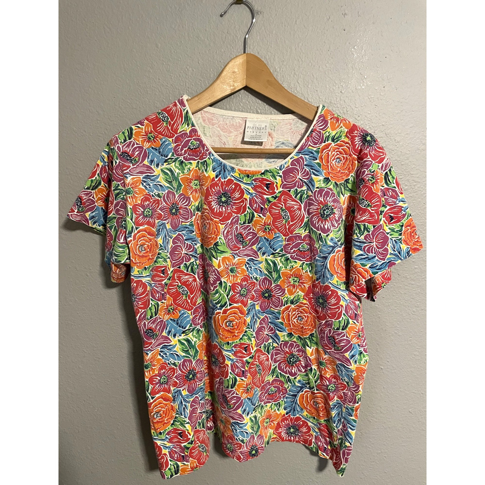 Vintage Womens Top Medium Colorful Floral Short Sleeve Artsy Boho 90s Y2K